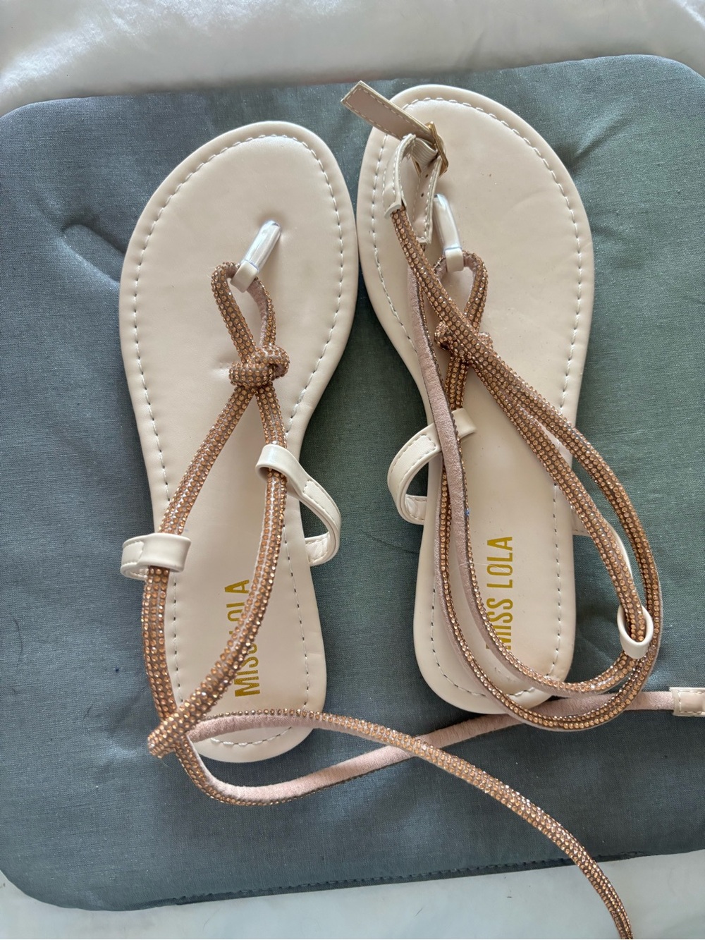 Miss Lola Cream Sandals with Rose-Gold Braided Straps
